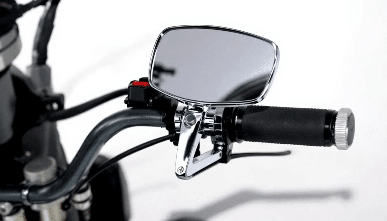 The image features the KEMIMOTO motorcycle handlebar rear view mirror, showcasing a sleek design with a round glass surface that provides a wider view for riders. This bar end mirror is designed for easy installation on motorcycle handlebars, ensuring solid performance and quality while riding.